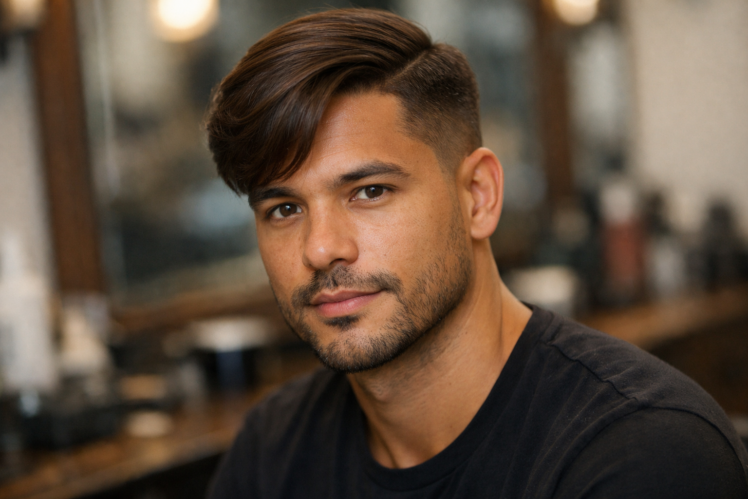 Side part clássico com degradê baixo em homem brasileiro com rosto coração e cabelo castanho liso