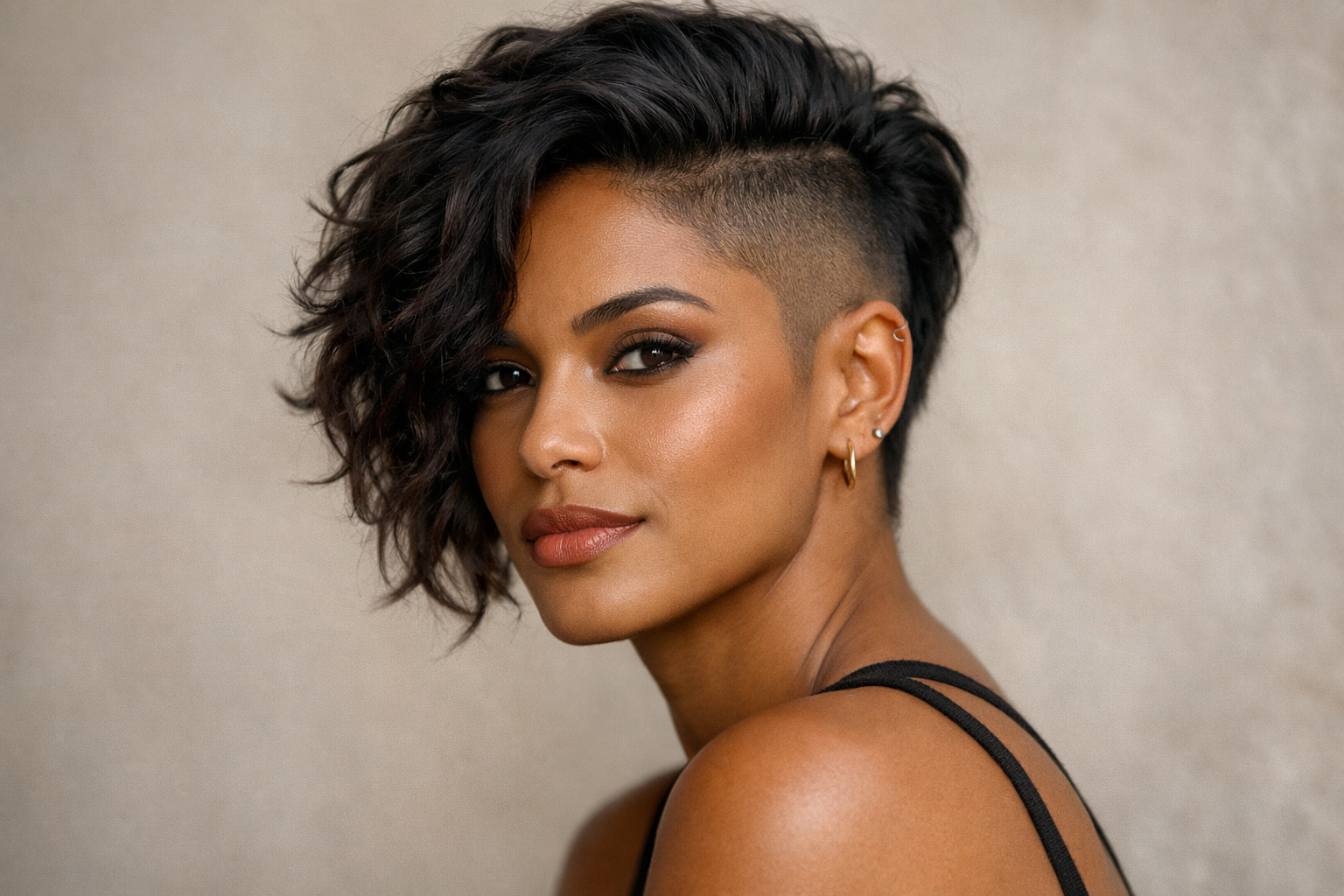 Undercut feminino com lateral raspada em mulher brasileira com cabelo ondulado escuro