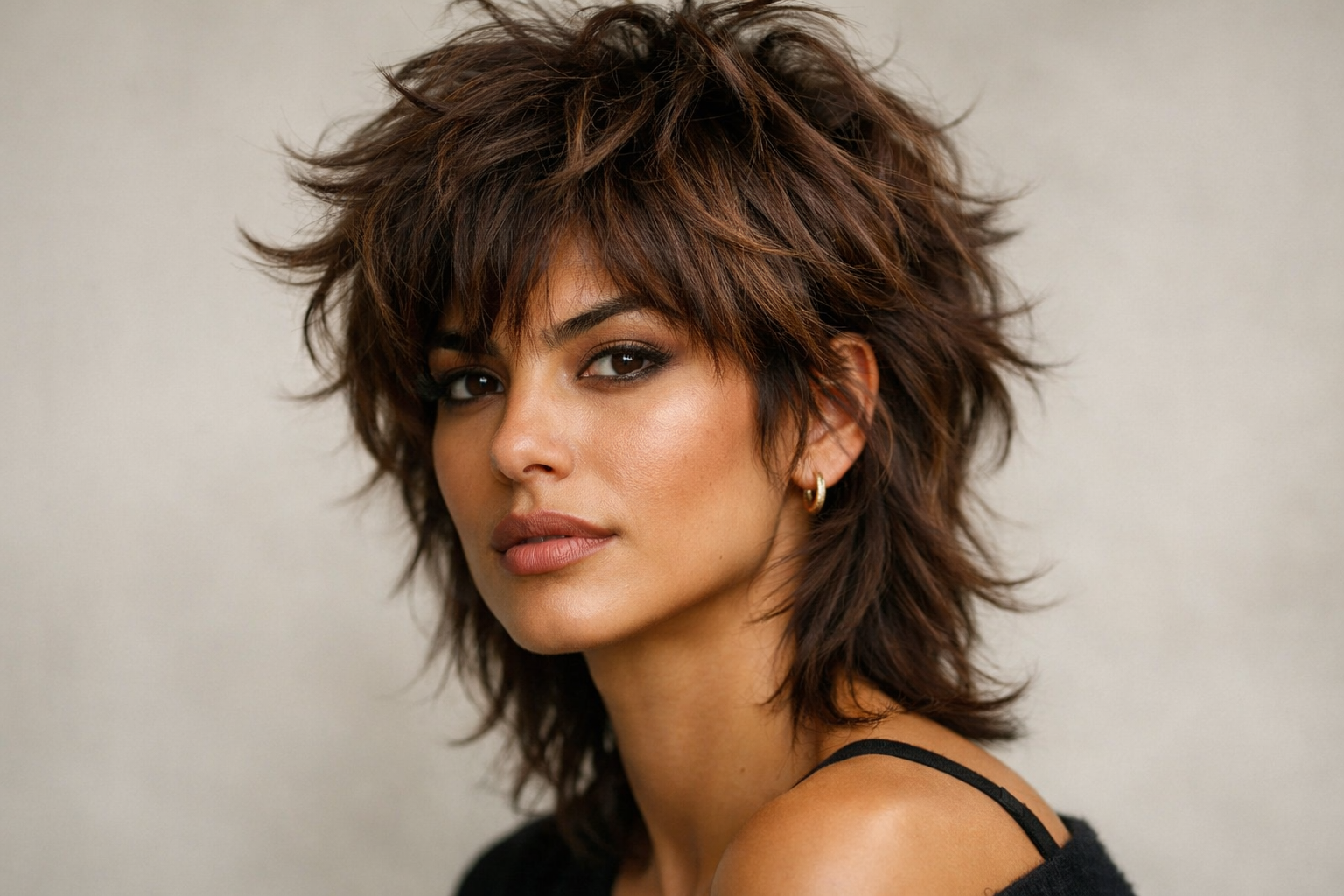 Wolf cut curto com camadas desconectadas em mulher brasileira com cabelo castanho ondulado