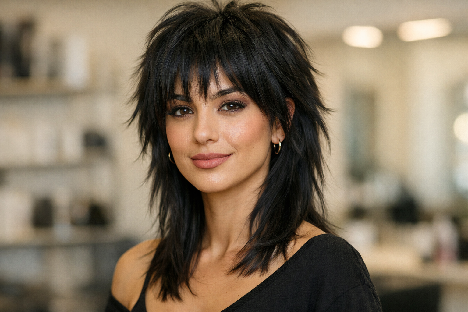 Wolf cut médio com volume no topo em mulher brasileira de cabelo liso