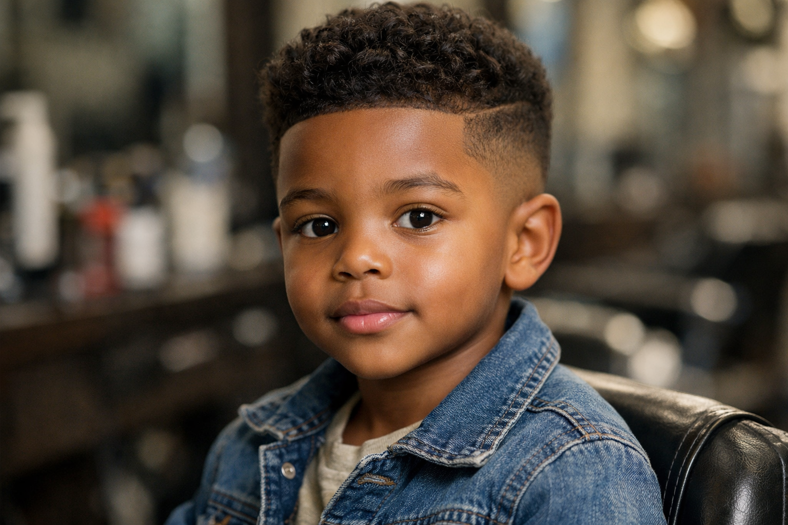 Corte de cabelo degradê baixo infantil em menino de 7 anos com rosto redondo e cabelo crespo