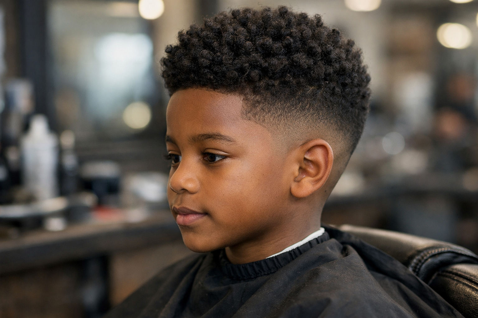 Corte de cabelo degradê infantil em menino de 9 anos com rosto redondo e cabelo crespo