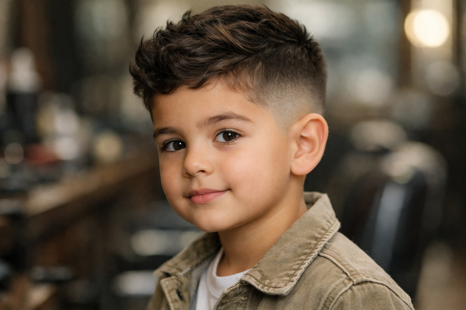 Corte de cabelo degradê médio infantil em menino de 7 anos com rosto redondo e cabelo liso