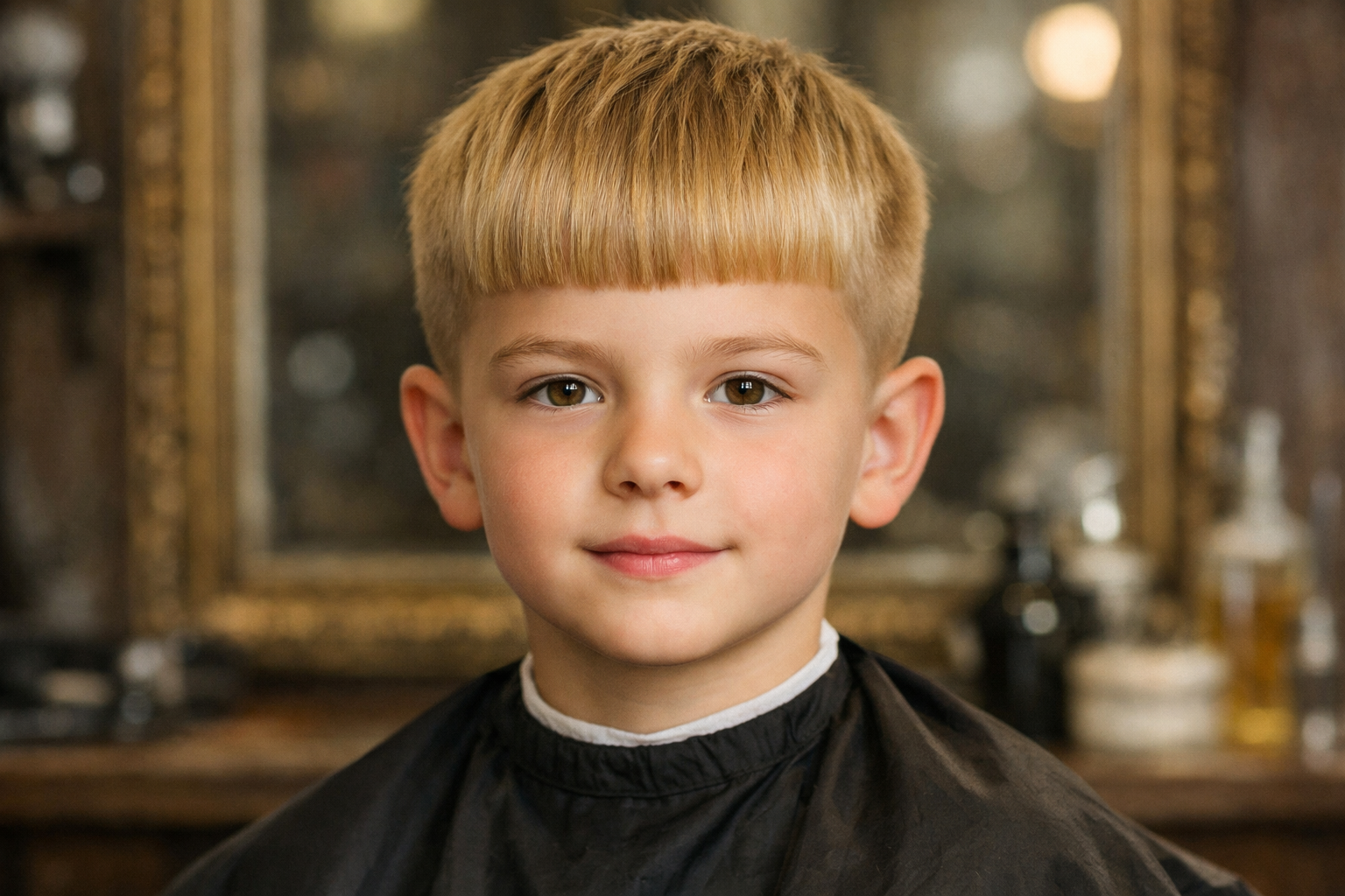 Corte com franja reta infantil em menino de 8 anos com rosto oval e cabelo liso 