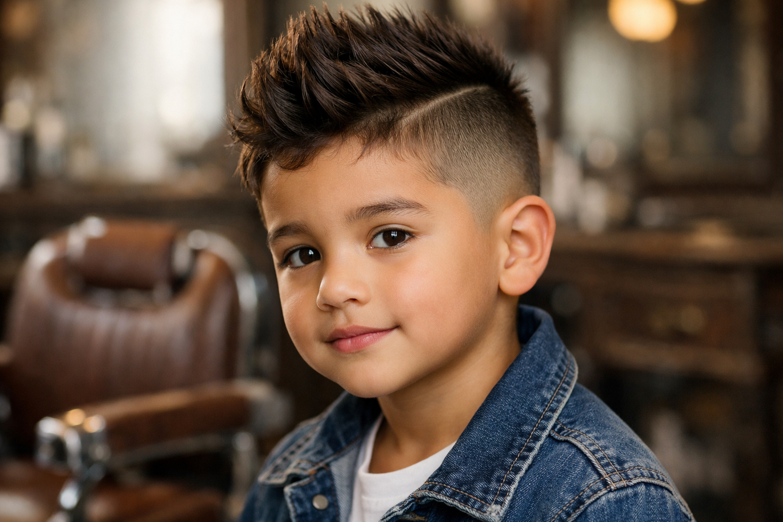 Corte de cabelo moicano infantil em menino de 7 anos com rosto redondo e cabelo liso