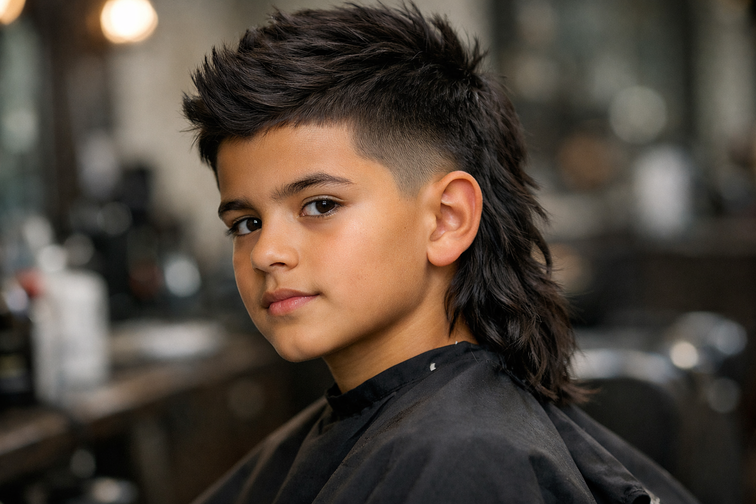 Corte de cabelo mullet infantil em menino de 7 anos com rosto redondo e cabelo liso