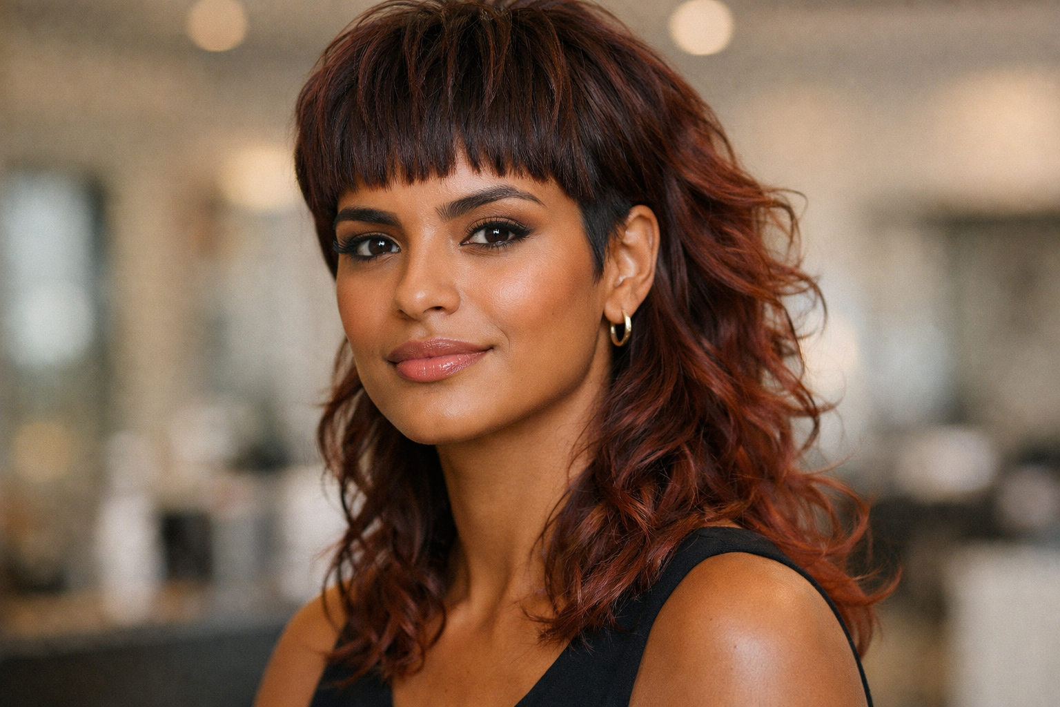 Mullet moderno com frente estruturada e parte traseira longa em mulher brasileira com rosto quadrado e cabelo ruivo cacheado