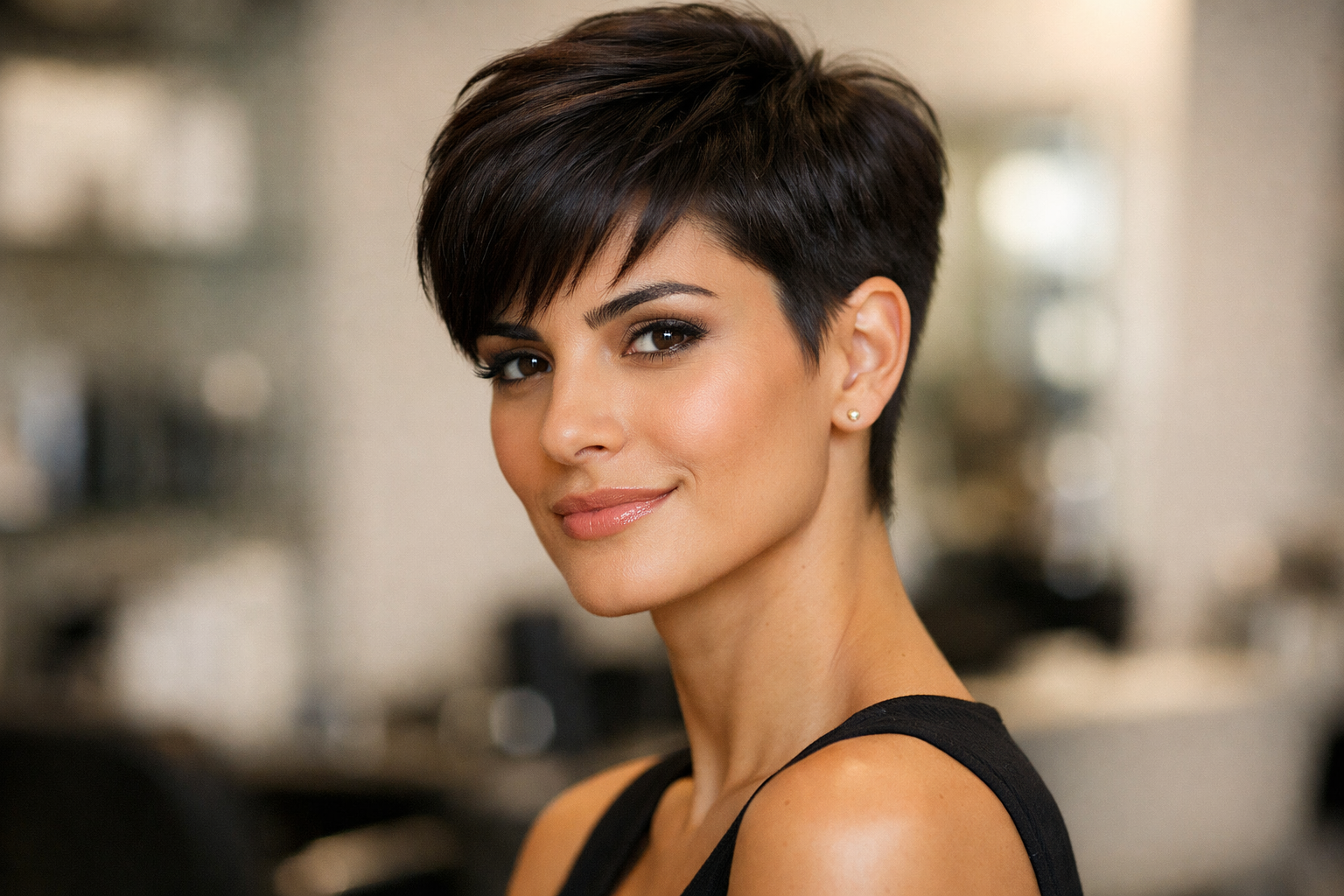 Pixie estruturado com laterais curtas em mulher brasileira com rosto quadrado e cabelo castanho escuro liso