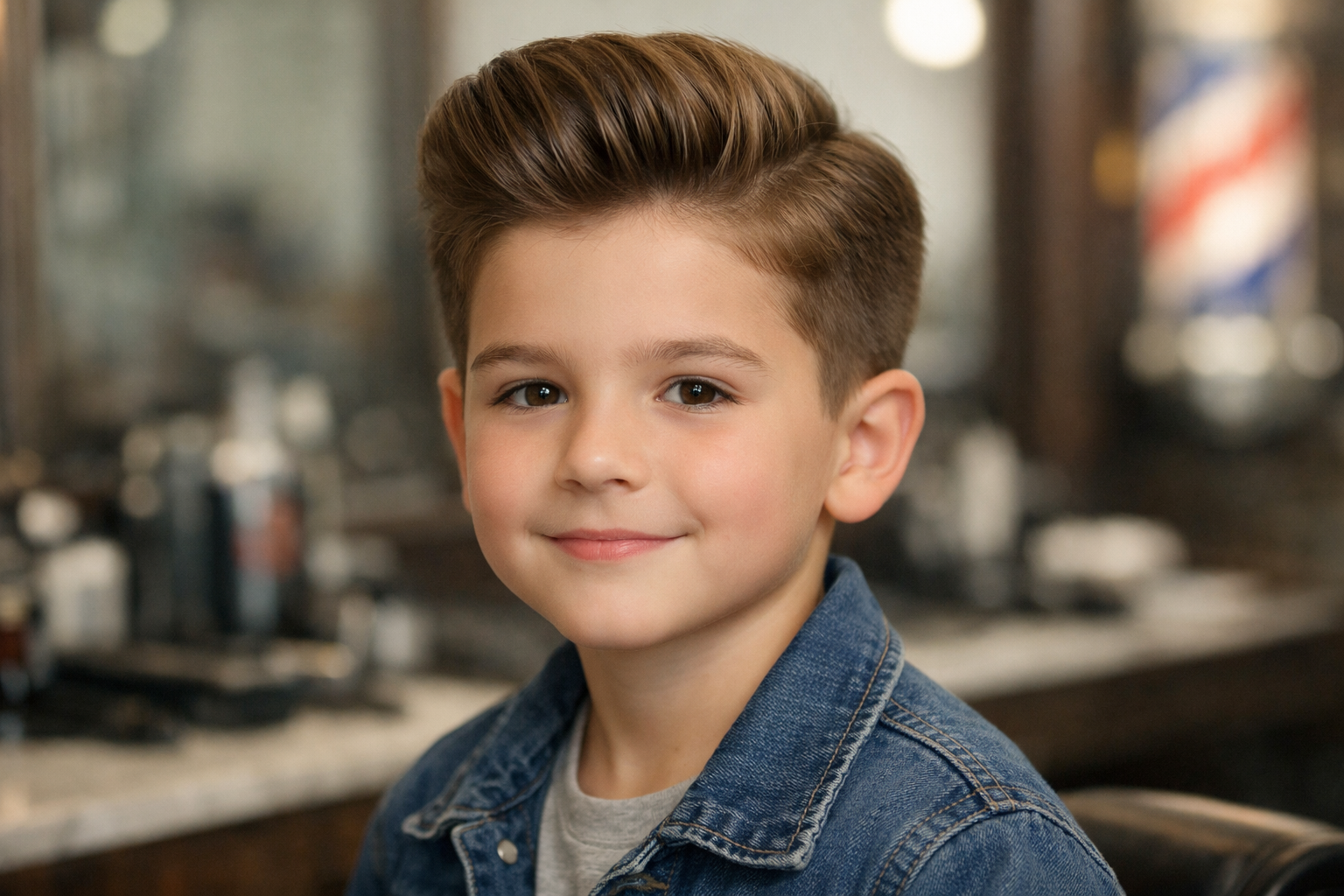 Corte de cabelo pompadour infantil em menino de 8 anos com rosto oval e cabelo liso 