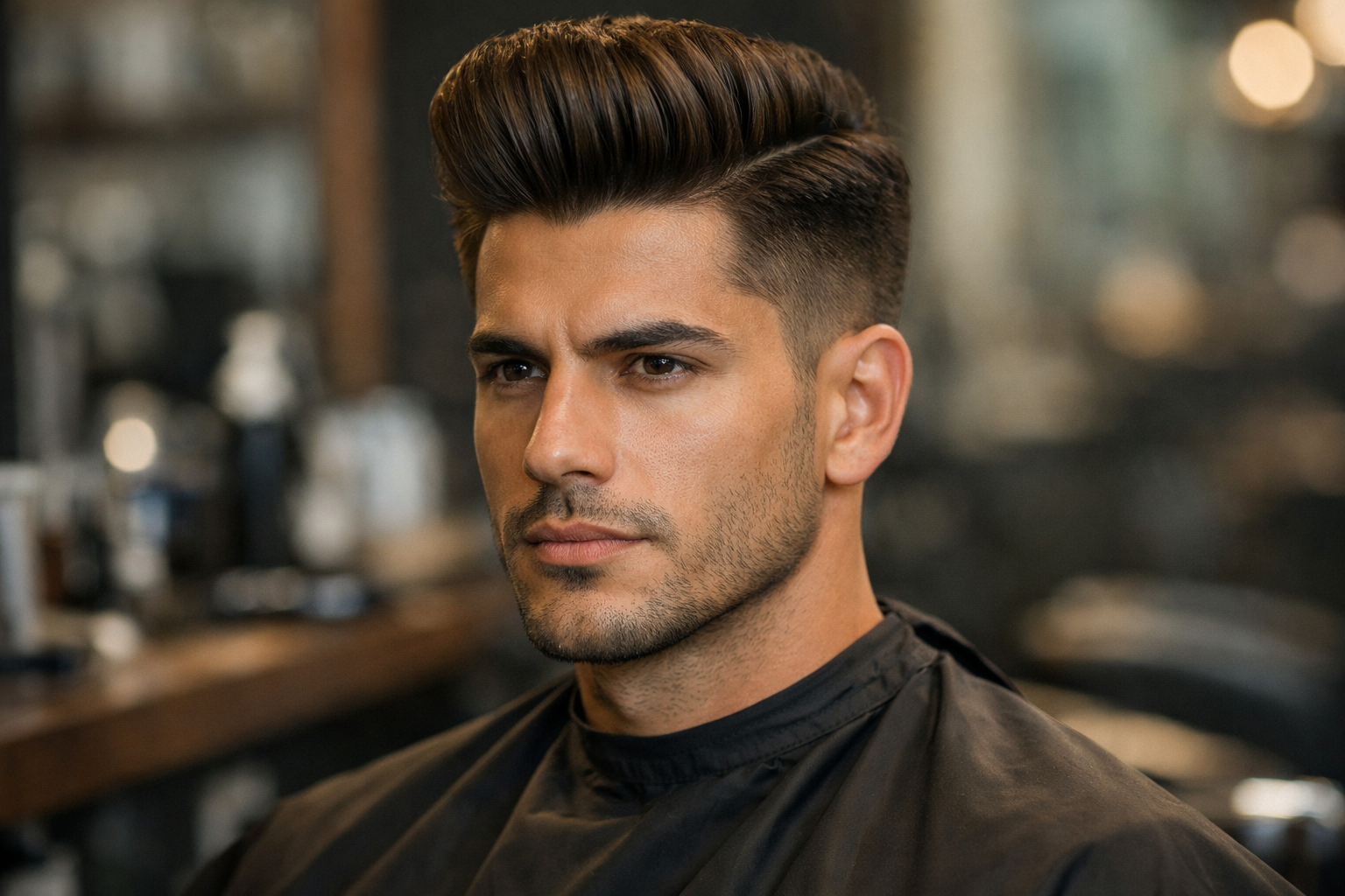 Pompadour moderno com degradê baixo em homem brasileiro com rosto quadrado e cabelo castanho liso