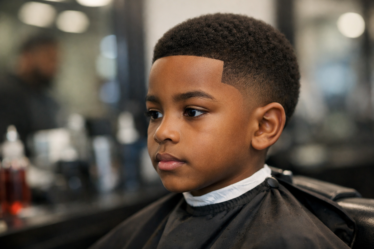 Corte de cabelo shape-up infantil em menino de 8 anos com rosto redondo e cabelo crespo