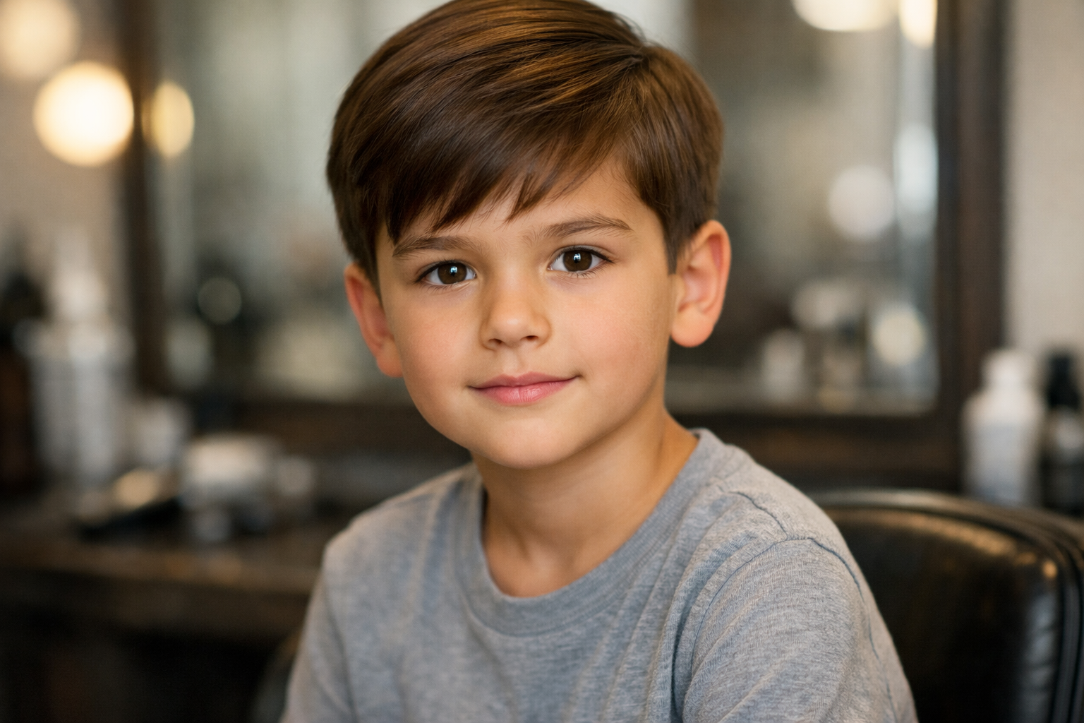 Corte de cabelo social infantil em menino de 8 anos com rosto oval e cabelo liso 