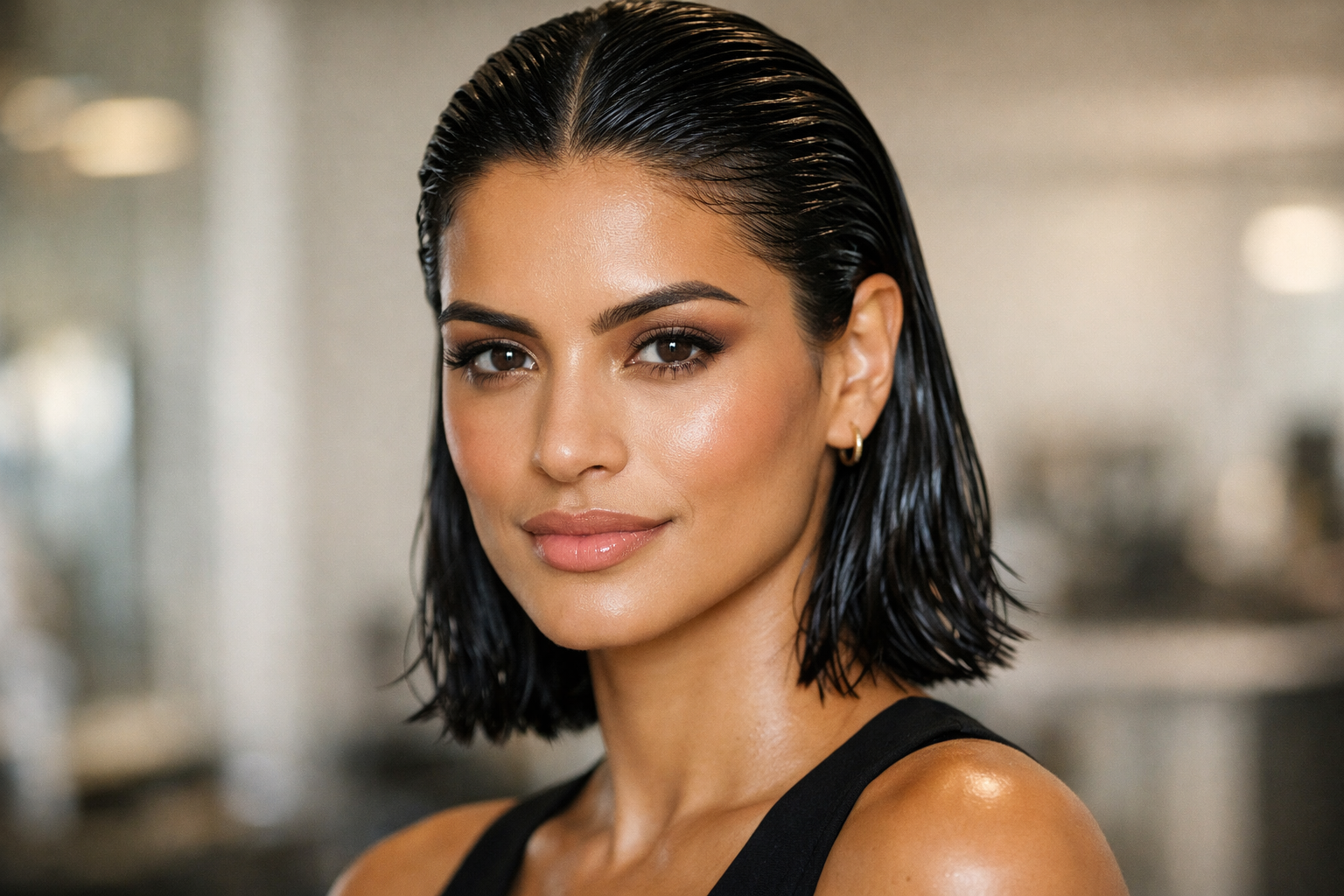Wet look em cabelo médio liso em mulher brasileira com rosto quadrado e cabelo preto