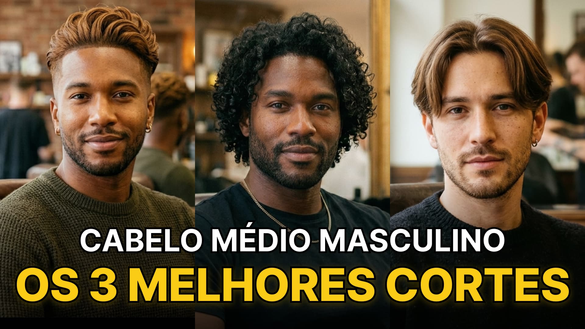 Três homens com cortes de cabelos médios para o fio em crescimento