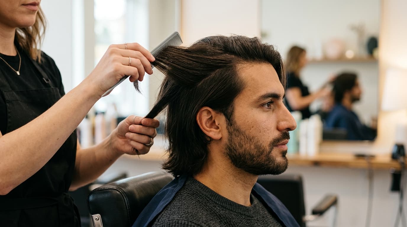 Barbeira penteando cabelo liso e escuro de um homem em um salão de beleza.