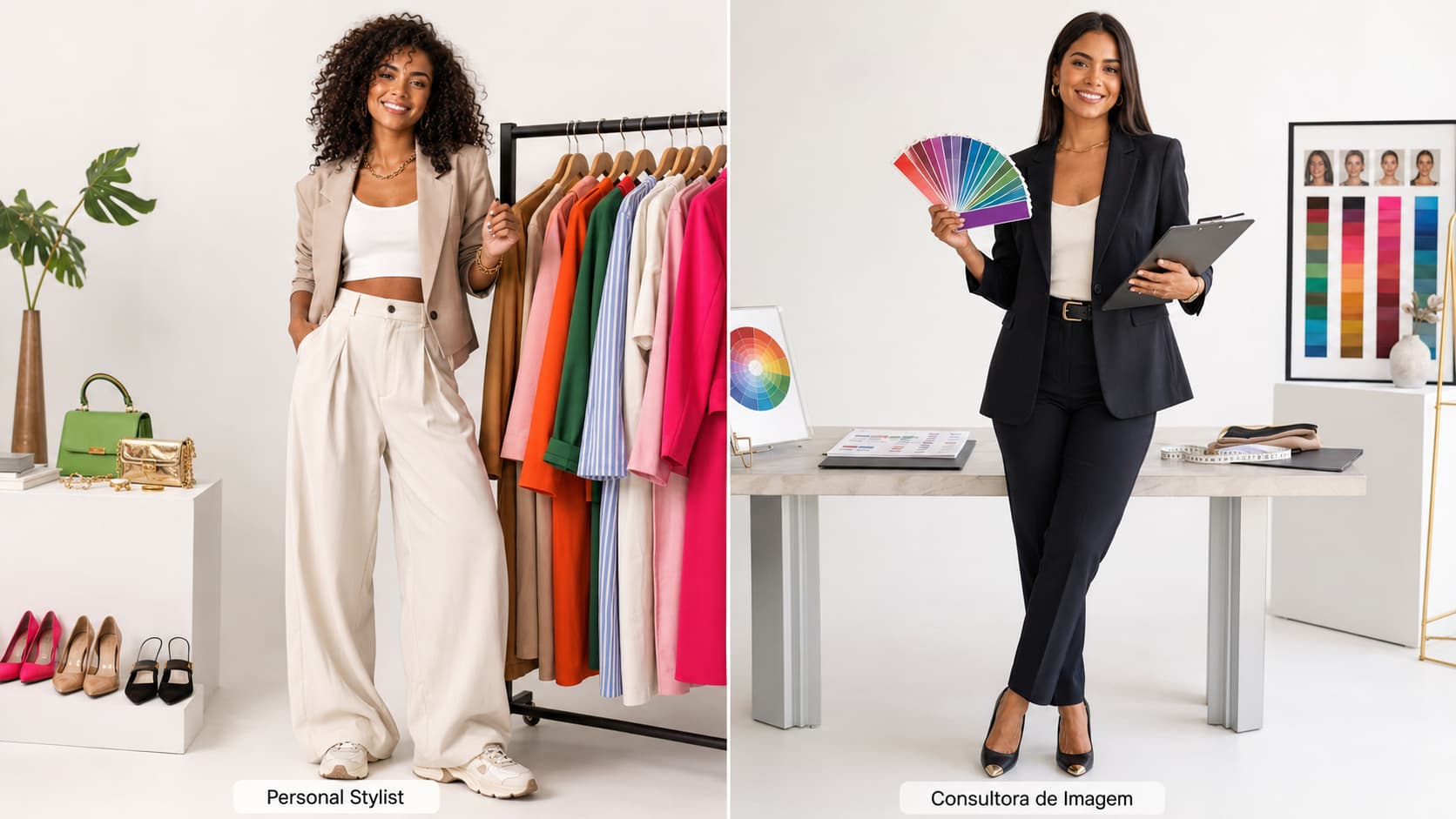 Comparativo visual entre Personal Stylist ao lado de arara de roupas e Consultora de Imagem com círculo cromático.