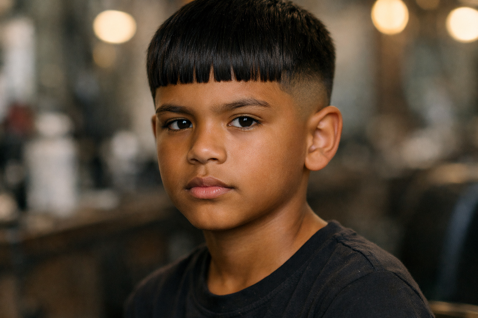 Edgar cut infantil em menino de 10 anos com rosto quadrado e cabelo liso