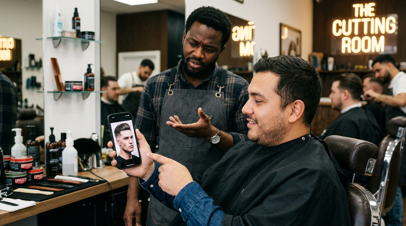 Homem com rosto redondo mostrando referência que não combina com o rosto dele