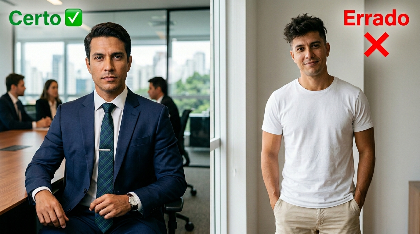 Imagem dividida. Esquerda: Homem de terno completo com o texto "Certo" e um check. Direita: Homem de camiseta branca com texto "Errado" e um X.