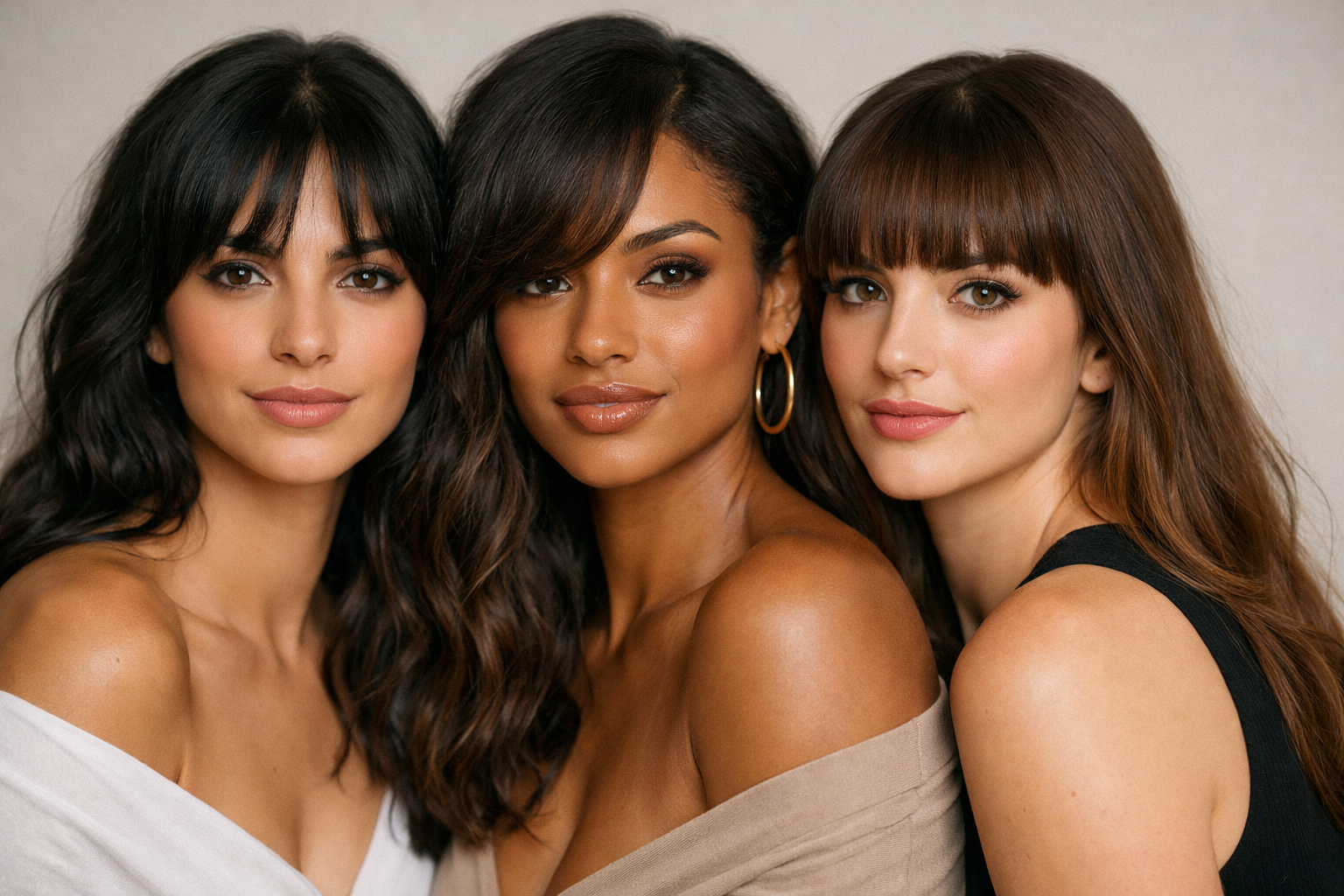 Três estilos de franja em mulher brasileira com rosto coração: cortina, lateral e reta