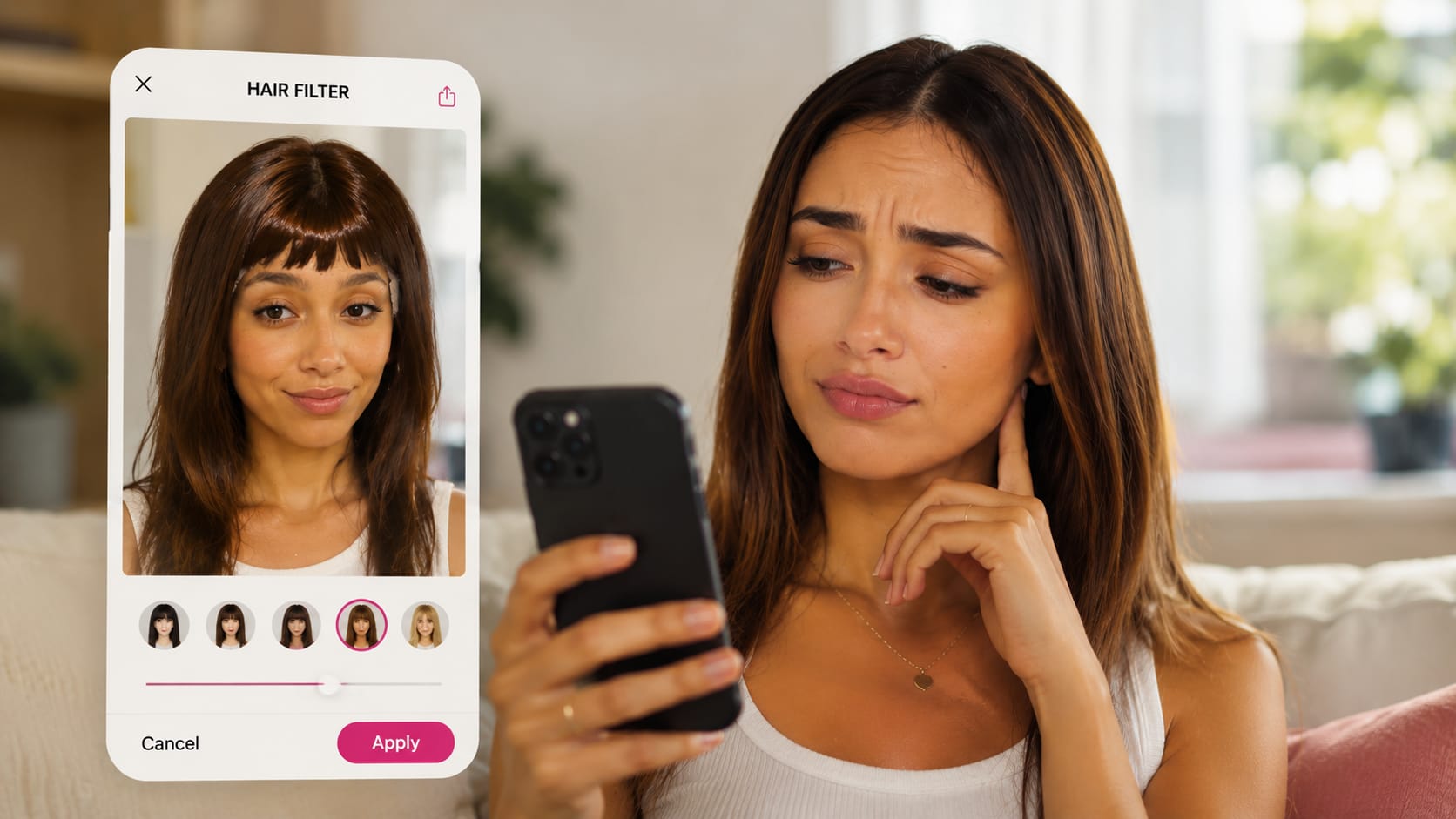 Mulher confusa olha celular que exibe interface de aplicativo de IA para corte de cabelo com filtro de franja.