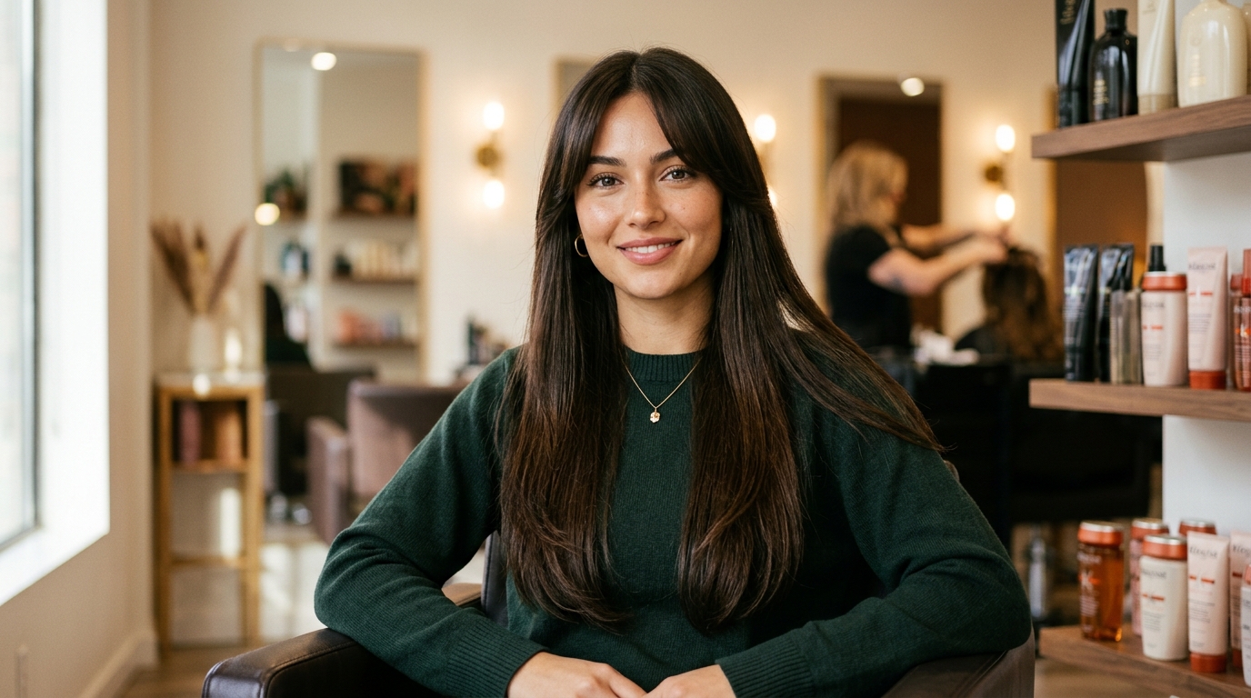 Curtain bangs em cabelo longo liso divididas ao meio emoldurando rosto em formato de coração