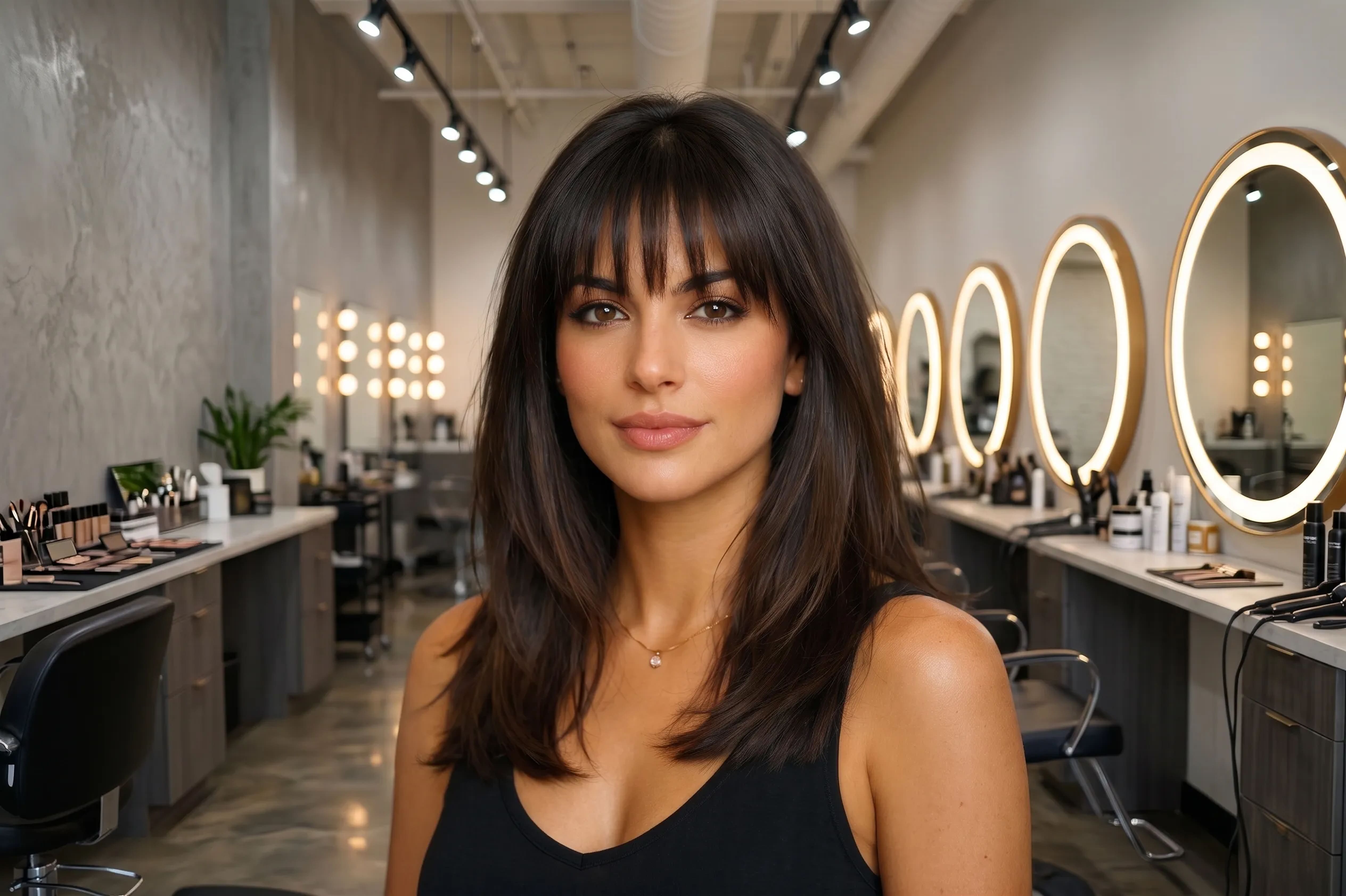 Franja desfiada com texturização sutil em cabelo liso castanho escuro de mulher com rosto oval