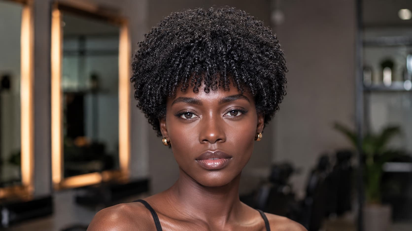 Franja com comprimento curto em cabelo crespo volumoso formato arredondado com alta definição dos cachos.