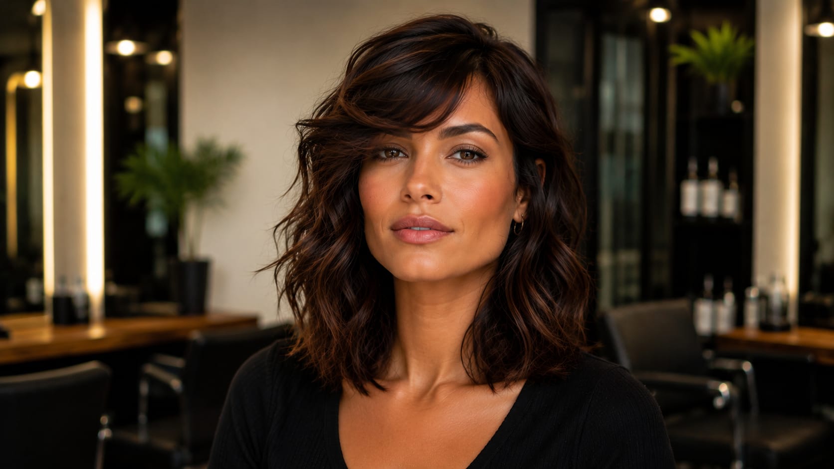 Mulher com franja lateral para o formato de rosto quadrado em cabelo médio ondulado iluminado.