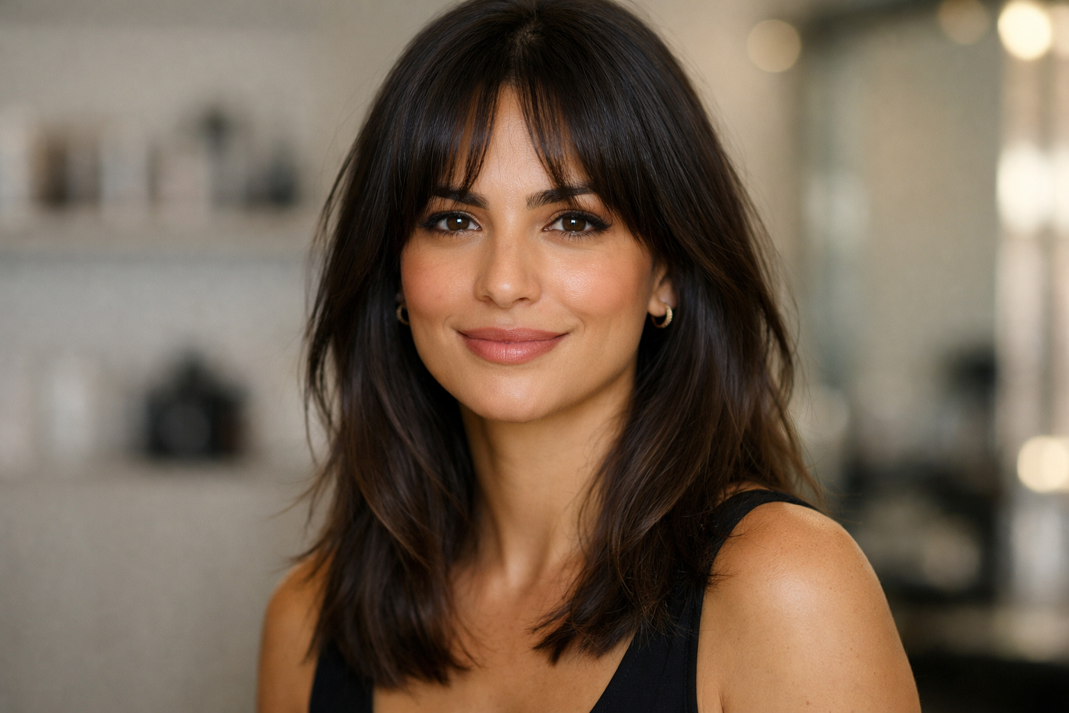 Franja cortina divida no meio emoldurando o rosto em mulher brasileira com rosto oval