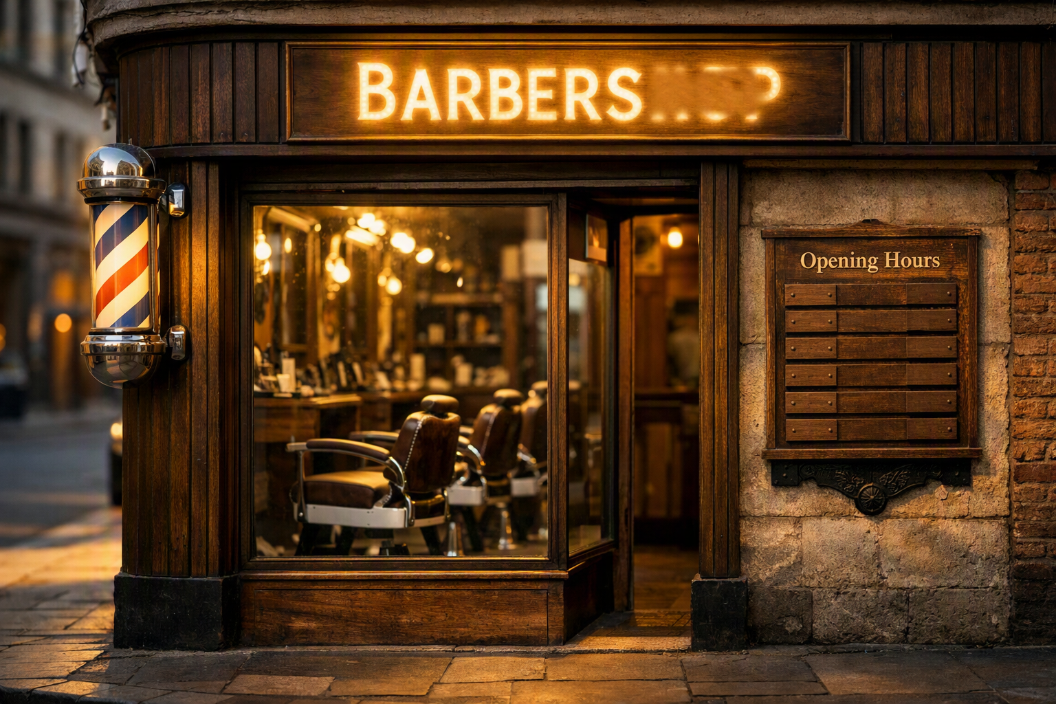 Fachada de barbearia com letreiro iluminado e placa de madeira com horário de atendimento
