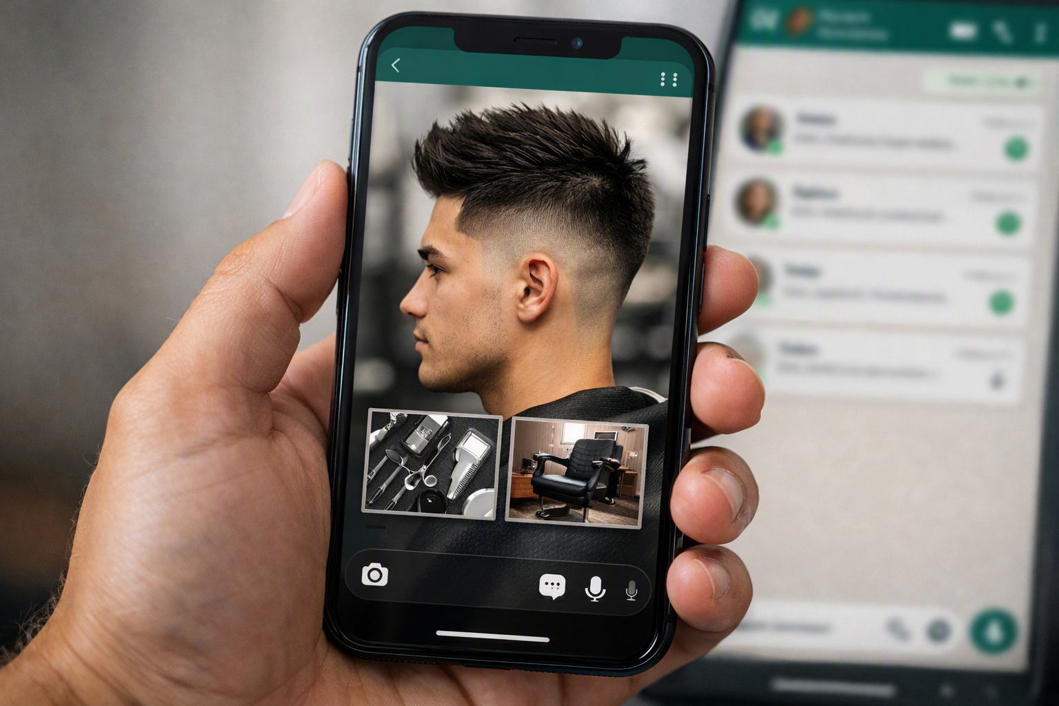 Tela de WhatsApp Business mostrando status de barbearia com foto de corte recém-finalizado