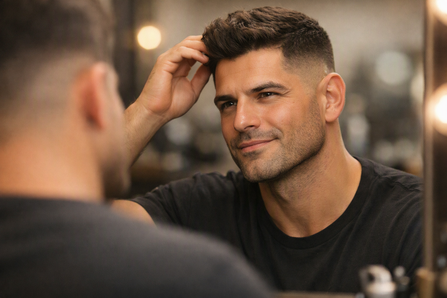 Cliente de barbearia satisfeito admirando corte degradê recém-finalizado no espelho