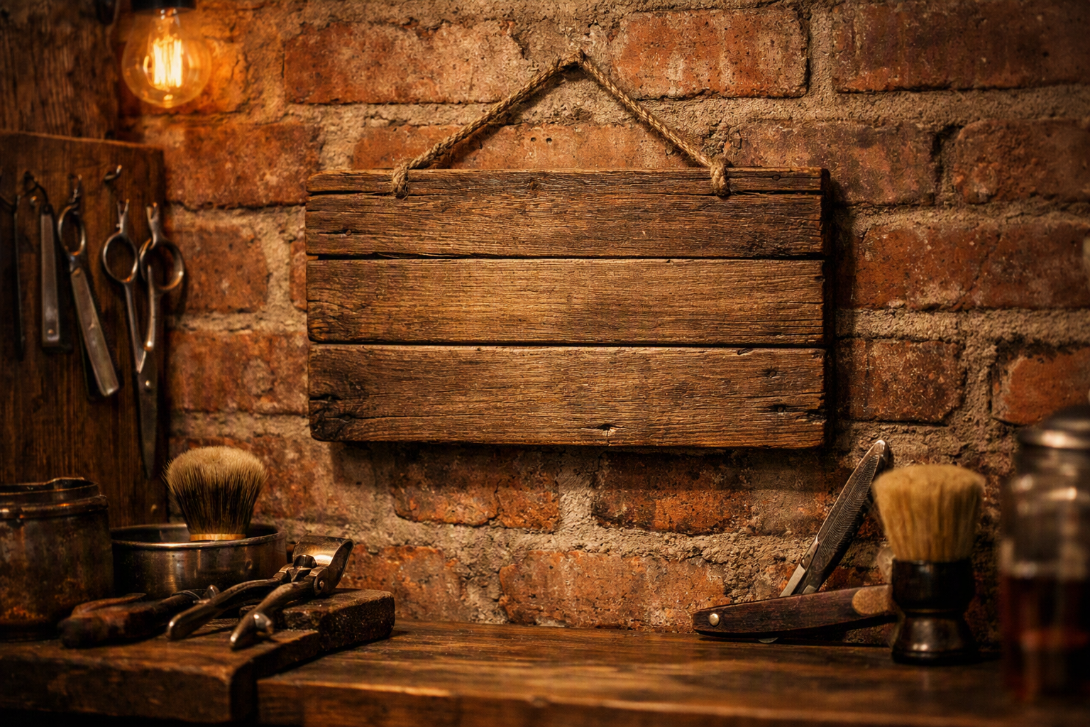 Placa decorativa de madeira com frase bem-humorada sobre barba pendurada em parede de barbearia