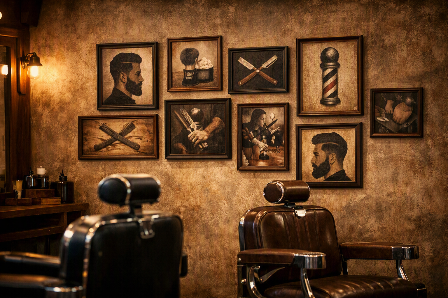 Interior de barbearia moderna com múltiplos quadros decorativos contendo frases sobre barba e corte pendurados na parede