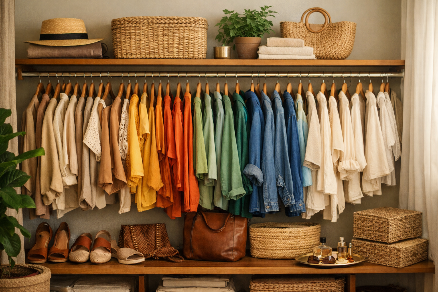 Guarda-roupa organizado com roupas nas cores da cartela pessoal em tons harmoniosos