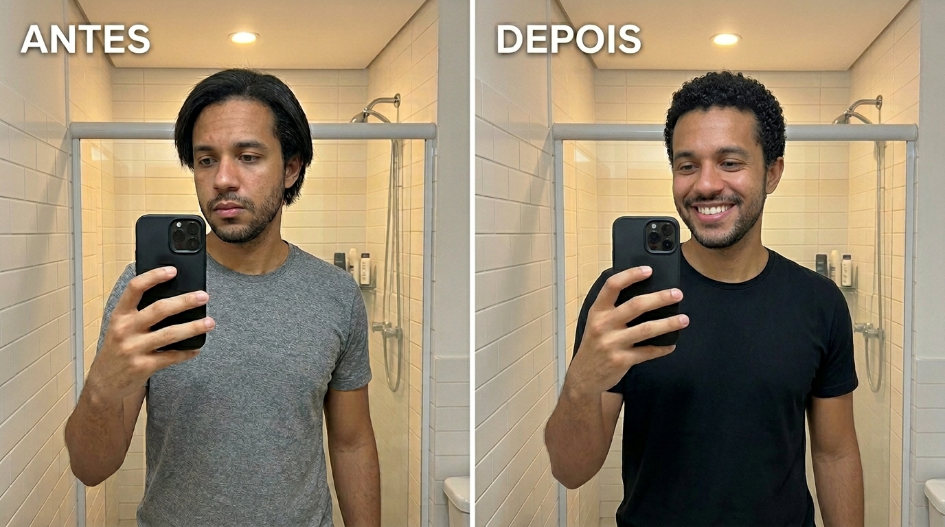 antes e depois de homem com cabelo liso médio para curto cacheado. Texto: Antes e Depois.