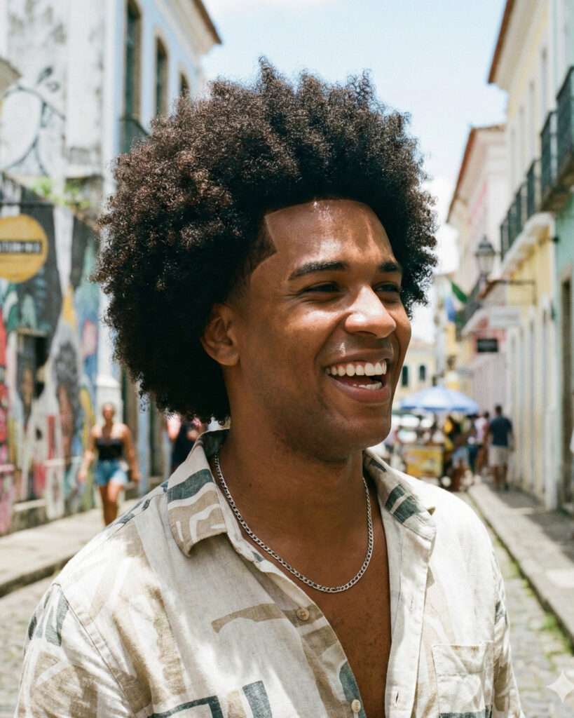 Homem moreno com cabelo cacheado crespo