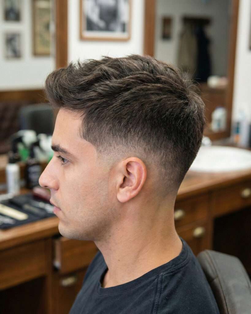 Homem com corte de cabelo degradê com tesoura