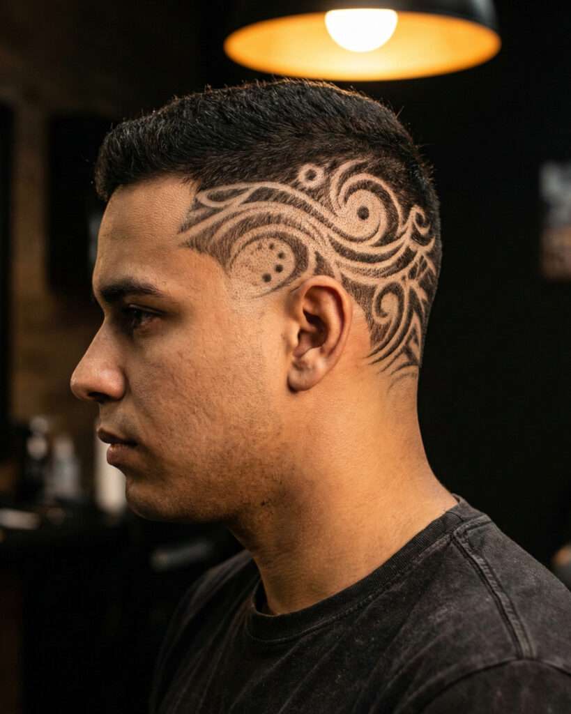 homem com corte que está fora de moda, riscos e desenhos elaborados