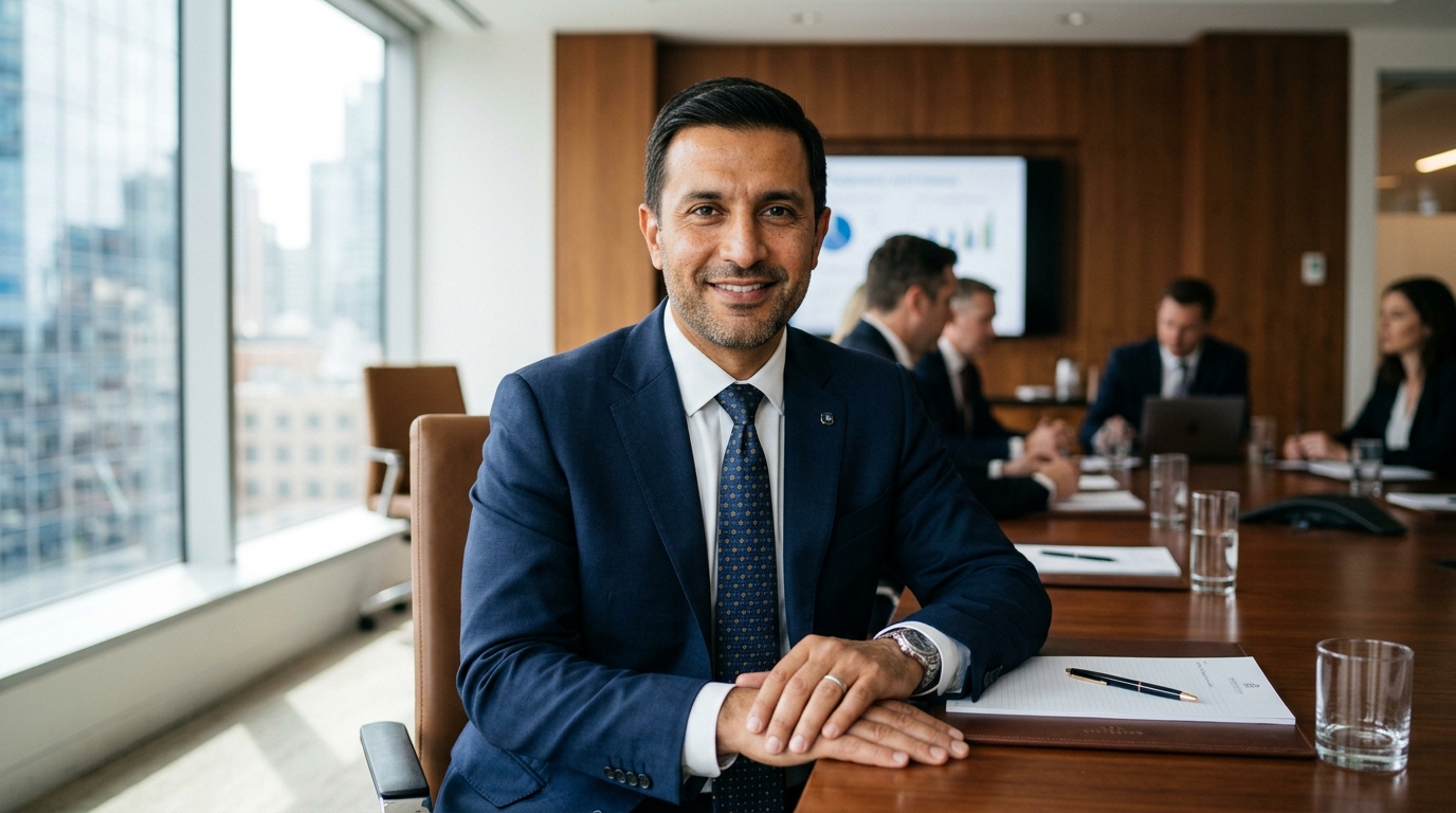 Homem com corte de cabelo executivo de terno e gravata sorrindo em primeiro plano; ao fundo, equipe em reunião corporativa.