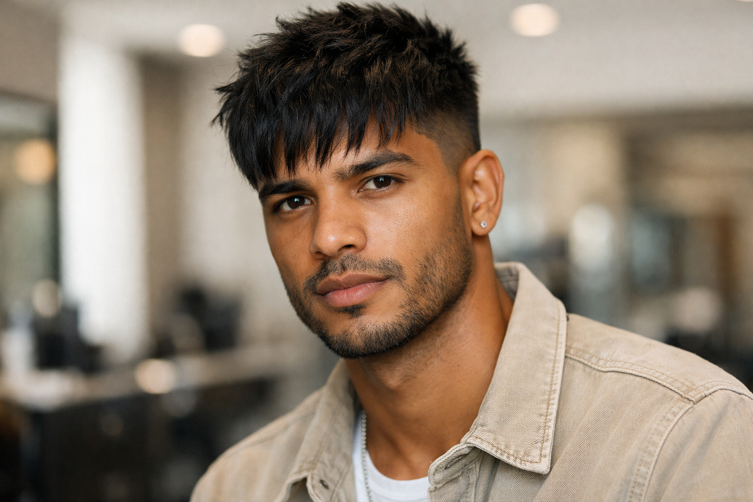 crop texturizado moderno em homem brasileiro com cabelo liso preto e franja texturizada