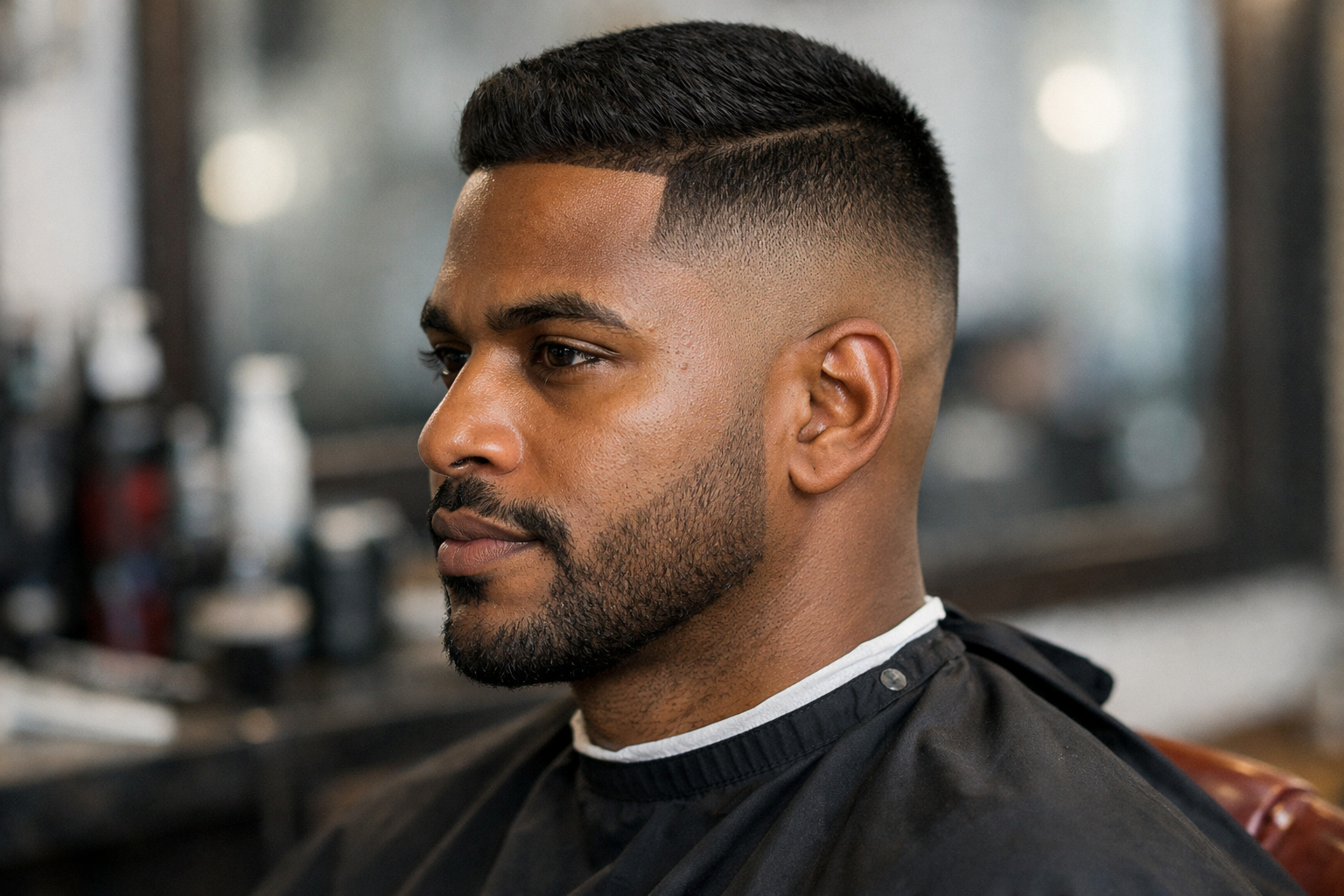 Degradê médio (mid fade) em homem brasileiro com cabelo liso preto