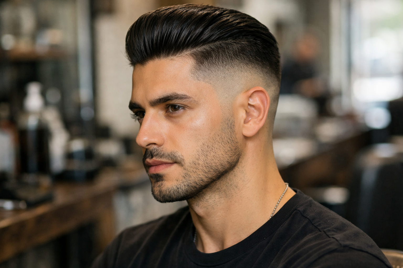 Undercut moderno em homem brasileiro com cabelo liso castanho escuro