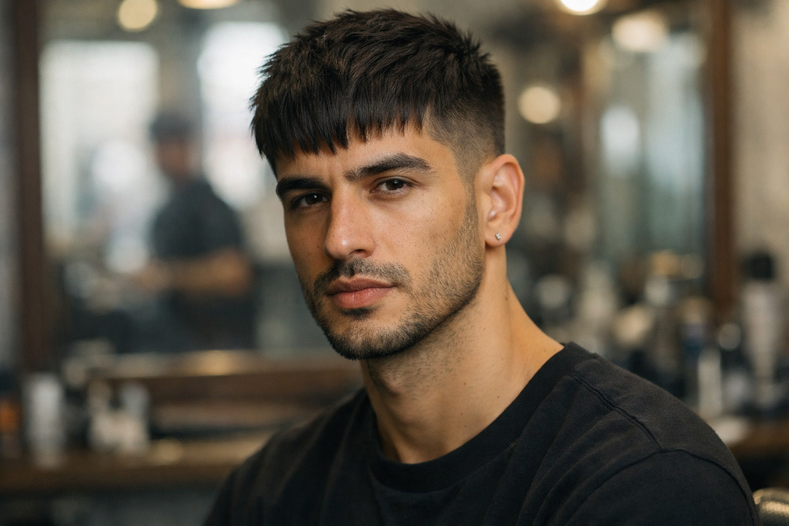 Corte textured crop com franja em homem brasileiro com rosto oblongo