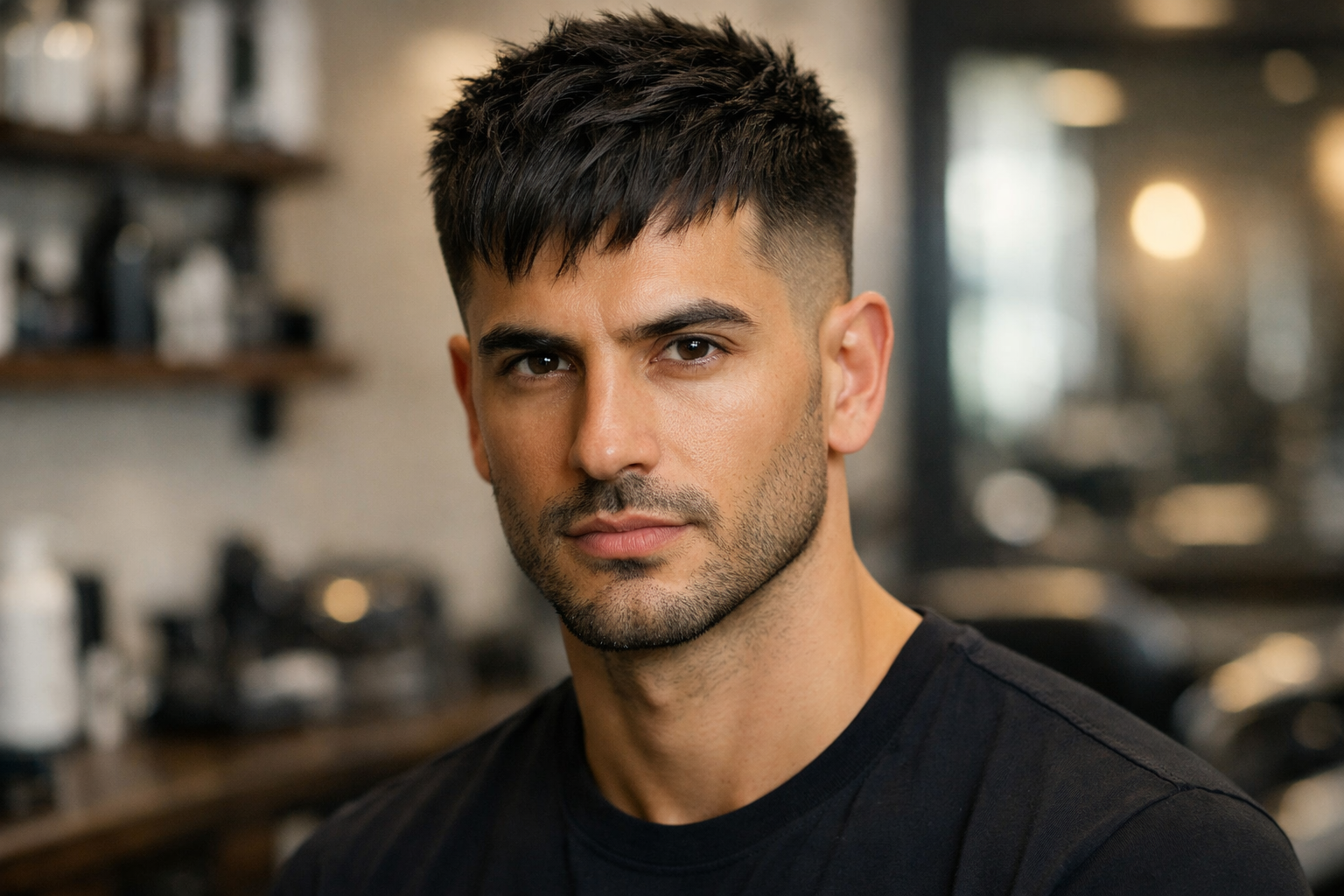 Mid fade em homem brasileiro com rosto diamante e cabelo texturizado