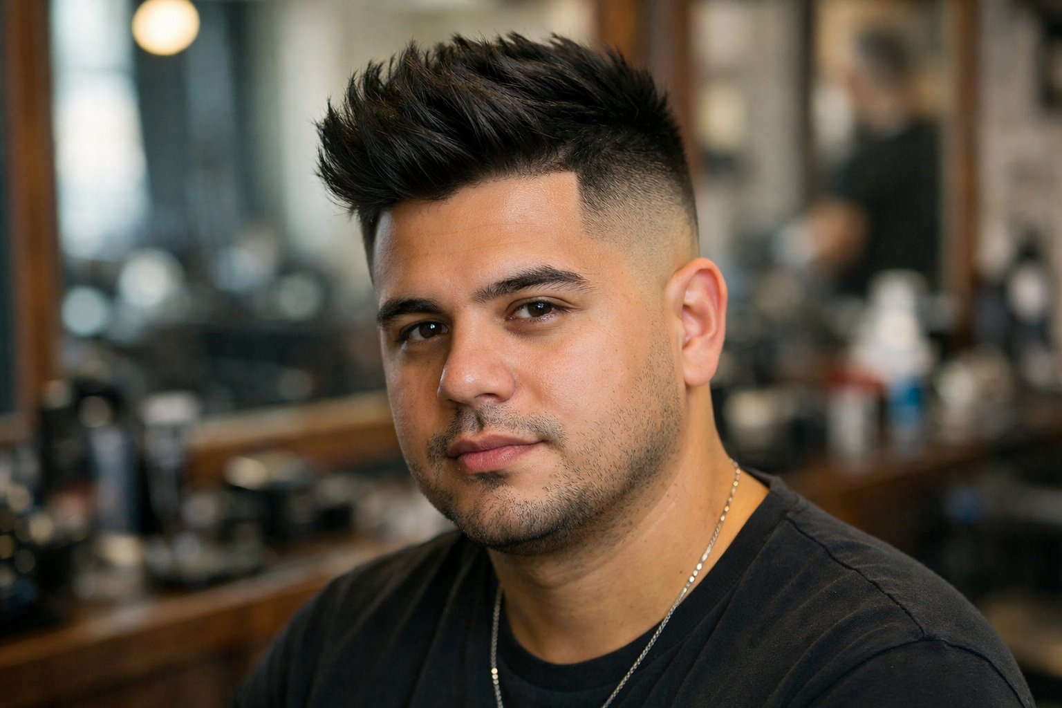 Fade alto com topo volumoso em homem brasileiro de rosto redondo