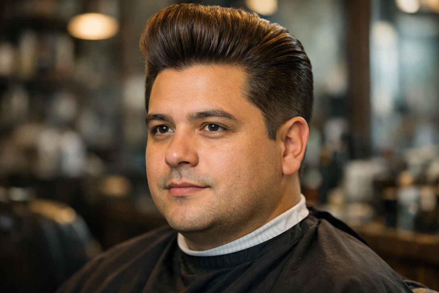 Pompadour clássico com volume no topo em homem brasileiro de rosto redondo