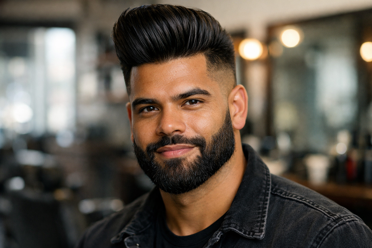 Homem brasileiro com rosto triangular usando pompadour volumoso e barba cheia equilibrada