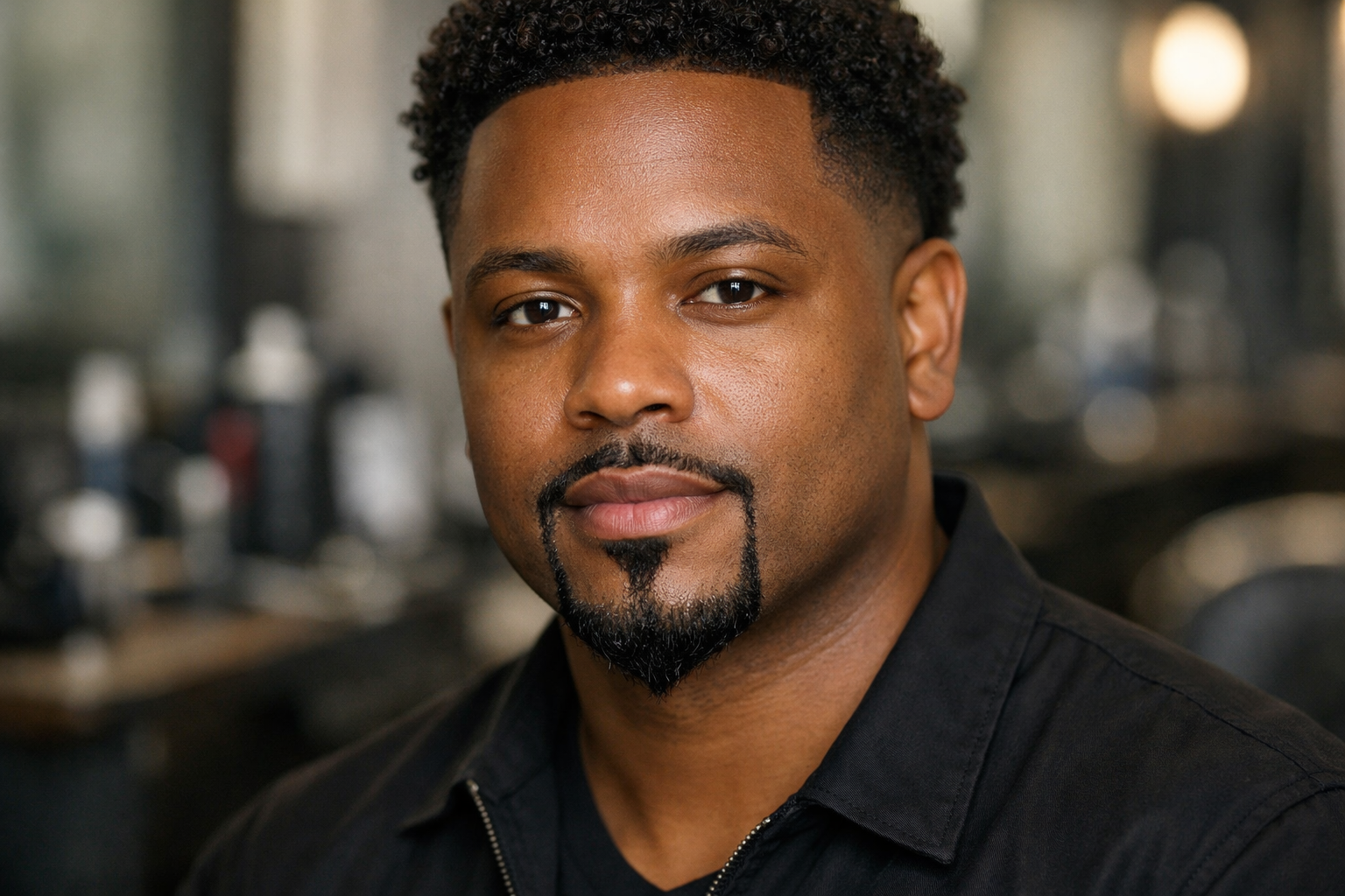 Barba âncora com linhas definidas em homem com rosto redondo e cabelos ondulados